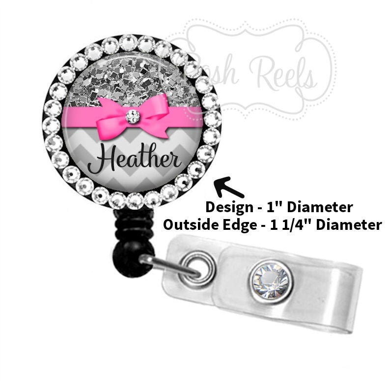 Retractable Badge Holder - Personalized Pink Bow Gray Glitter Chevron…