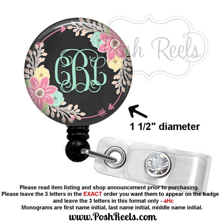 Monogram Badge Reel Holder - Chalkboard Floral Tribal Arrows Badge Re…