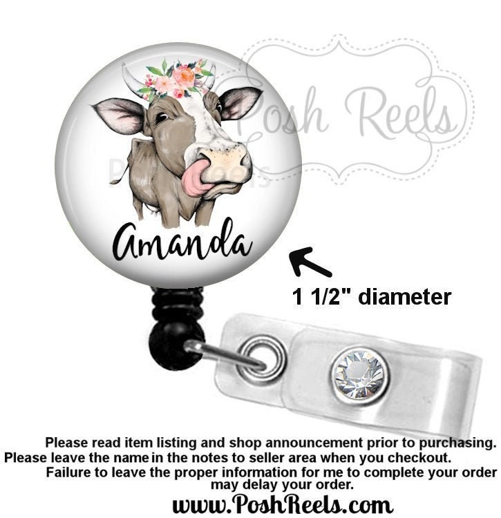 Floral Cow Badge Reel - Heifer Badge Reel - Veterinary Badge Holder -…