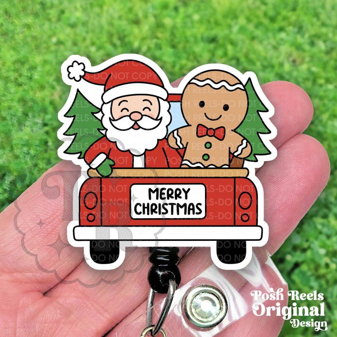 Santa Claus & Gingerbread Man Badge Reel, Christmas Red Truck ...