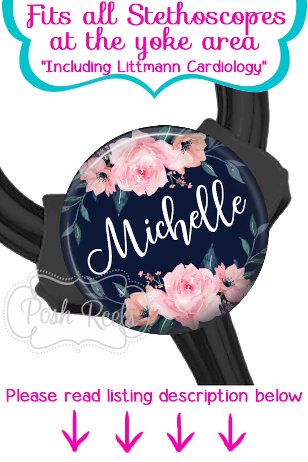 Floral Stethoscope ID Tag - Blush and Navy Floral Littmann Cardiology…