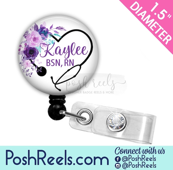 Retractable Badge Holder - Purple Floral Stethoscope Badge Reel Holder -  Nurse Badge Reel, Stethoscope ID Tag, Carabiner or Lanyard - 2324