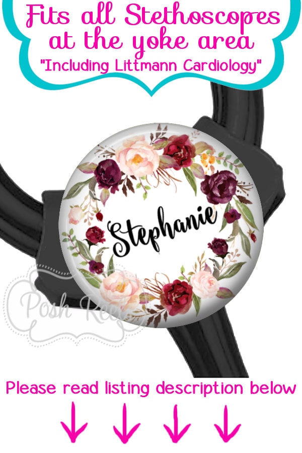 Burgundy Floral Wreath Stethoscope ID Tag - Littmann Cardiology Steth…
