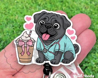 Cute Pug Nurse Badge Reel, Black Pug In Scrubs Retractable ID Holder For Vets Techs, Nurses and Dog Lovers, Heavy Duty, MRI Safe