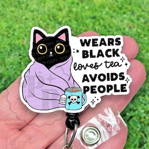 Cat and Coffee Badge Reel, Antisocial Badge Reel ID Holder, Handmade Acrylic Badge Reel For Cat and Coffee Lover Gift For Vet Tech