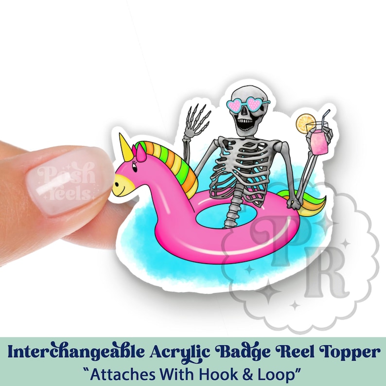 Funny Summer Skeleton Interchangeable Acrylic Badge Reel Topper, Skeleton In Float Acrylic Swappable Badge ID Topper, Skull Nurse Gift image 1
