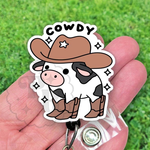 Porta credencial de vaquero con diseño de vaca, hecho a mano, de acrílico, resistente, seguro para resonancia magnética, ideal como regalo para profesores y enfermeras.