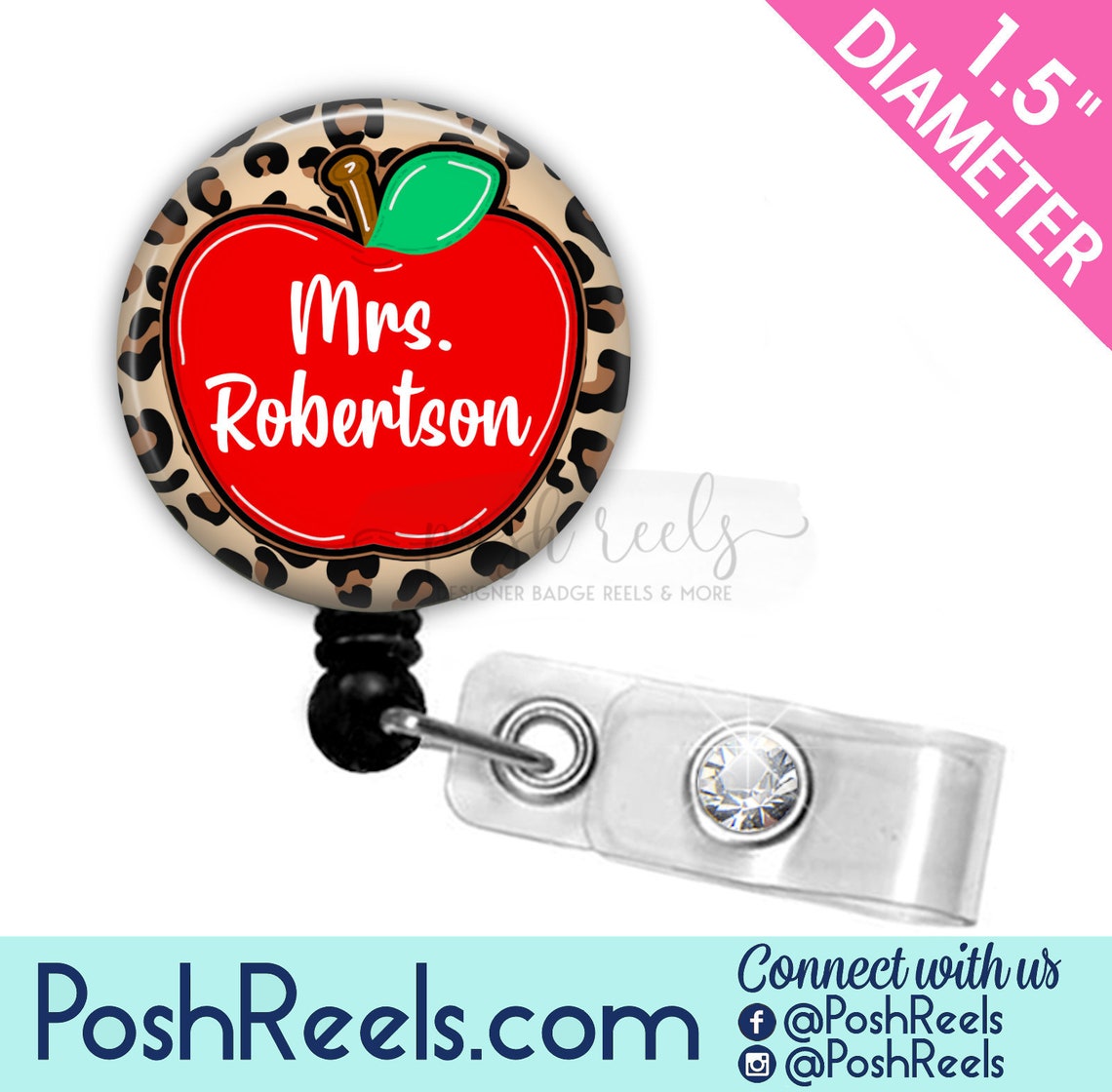 Apple Badge Reel For Teacher Leopard Print Teacher Badge Etsy.de