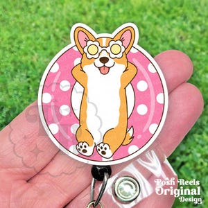 Summer Corgi Badge Reel, Funny Dog In Pool Float Retractable ID Holder For Nurses, Vet Techs and Teachers, Heavy Duty, MRI Safe