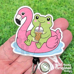 Cute Summer Frog Badge Reel, Pink Flamingo Pool Float Retractable ID Holder For Nurses, Vet Techs and Teachers, Heavy Duty, MRI Safe