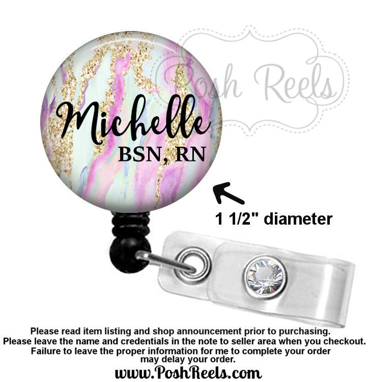 Marble and Gold Badge Reel - Pink & Mint Marble Badge Reel - Badge Ho…