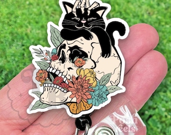 Skull and Black Cat Badge Reel, Floral Skull, Halloween Black Cat,  Handmade Acrylic Badge Reel For Cat Lover, Spooky Halloween Cat Badge