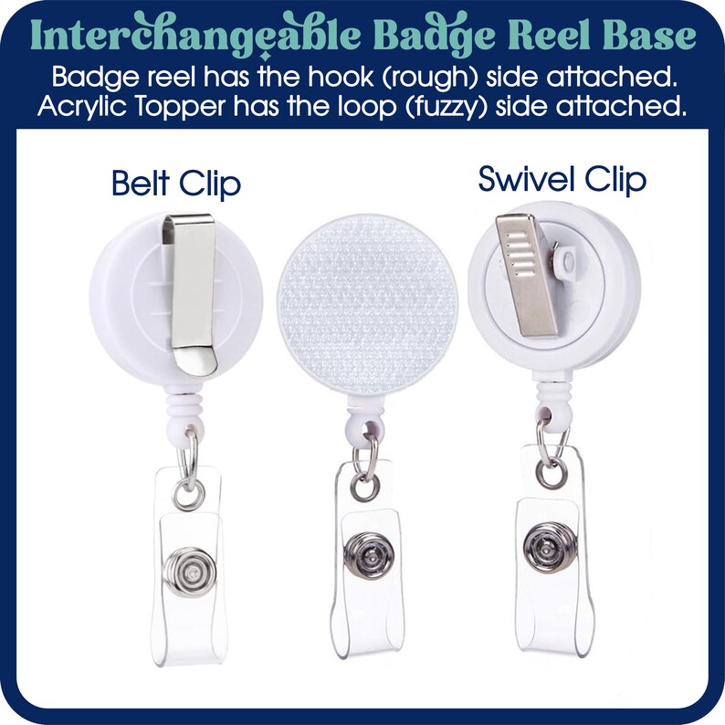May include: White interchangeable badge reel bases with a belt clip and swivel clip. The badge reels have a clear plastic strap with a snap closure. The text reads "Interchangeable Badge Reel Base".