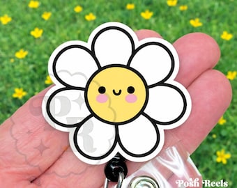 Cute Daisy Flower Badge Reel, Spring Badge Reel ID Holder, Handmade Flower Acrylic Badge Reel, Nurse Badge Pull, Floral Teacher Lanyard