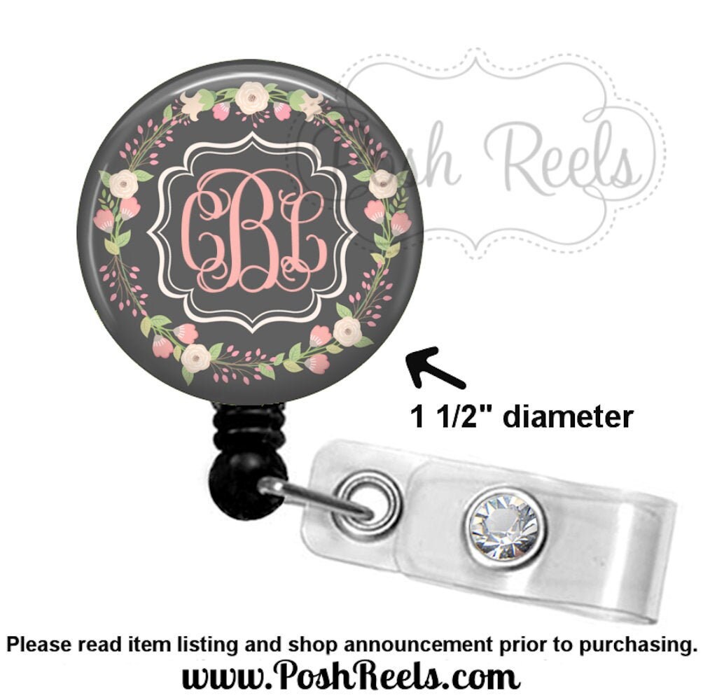 Monogram Floral Badge Holder - Pretty Floral Monogram Badge Reel - Na…