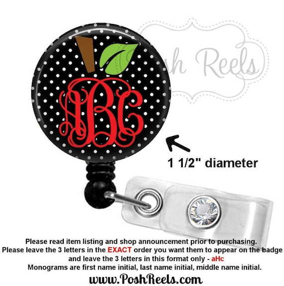 Badge Holder - Monogram Apple Badge Reel ID - Teacher Badge Holder -  Teacher Lanyard - Badge Reel, Steth Tag, Carabiner or Lanyard - 1391