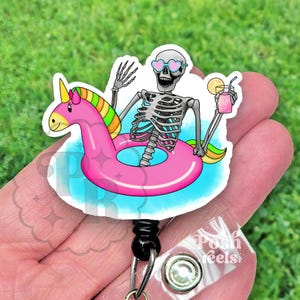 Funny Summer Skeleton Badge Reel, Acrylic Skelton Badge Reel, Skeleton In Float Badge Lanyard, Nurse Gift, Teacher Lanyard