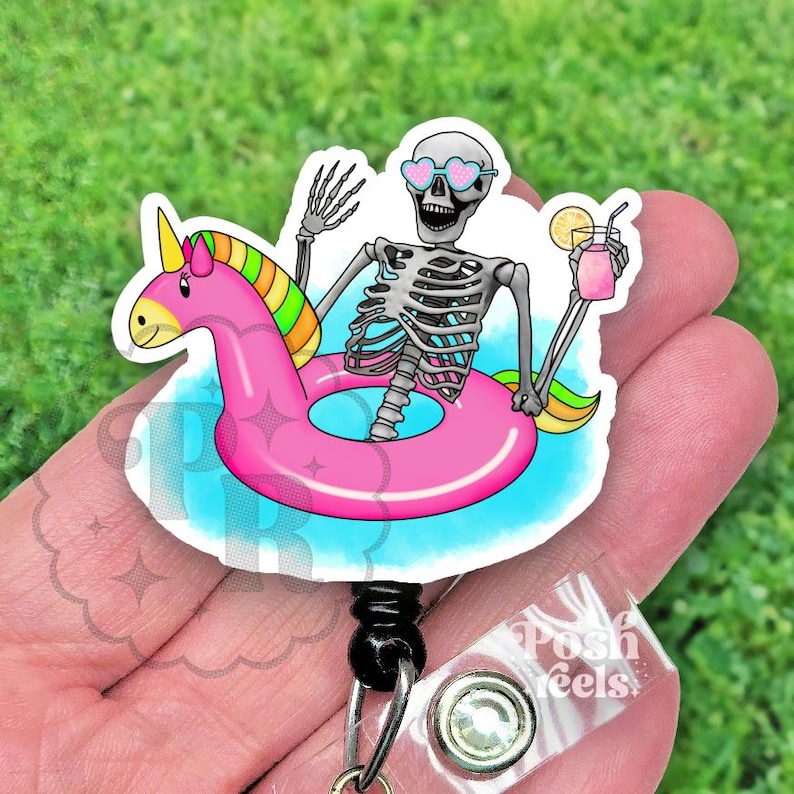 Funny Summer Skeleton Badge Reel, Acrylic Skelton Badge Reel, Skeleton In Float Badge Lanyard, Nurse Gift, Teacher Lanyard image 1