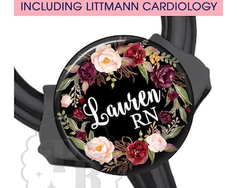 Burgundy Floral Wreath Stethoscope ID Tag, Cardiology Stethoscope ID Tag - Fits All Stethoscopes At The Yoke - 1718