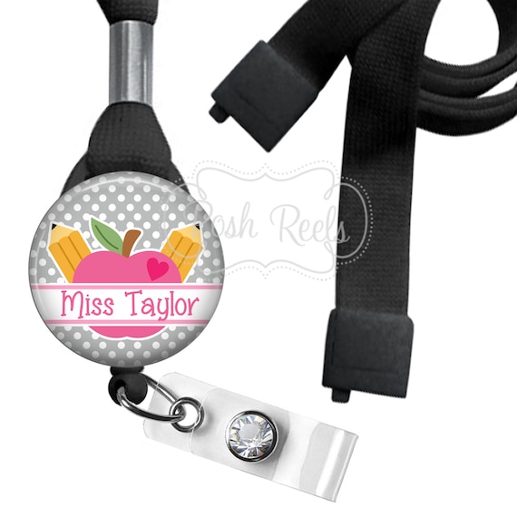 Retractable Badge Holder - Teacher Badge Reel - Apple Badge Holder - Badge Reel, Carabiner or Lanyard - Teacher Lanyard - 12 Colors - 0481