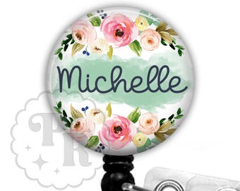 Floral Badge Reel - Pink and Mint Flower Retractable Id Holder For Nurses, Vet Techs, Techers and Medical Staff