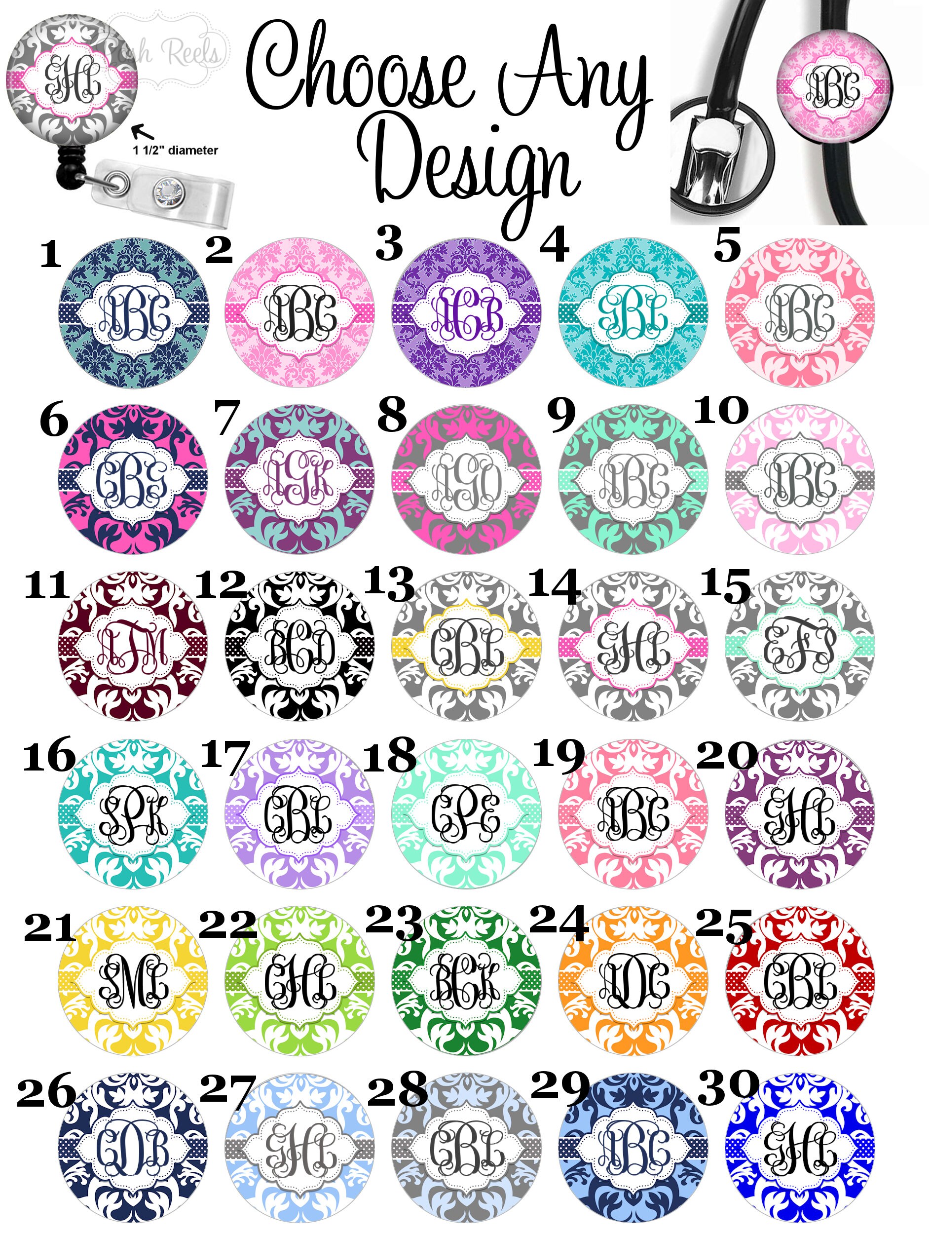 Retractable ID Badge Reel - Monogram Damask Badge Holder- Choice of B…