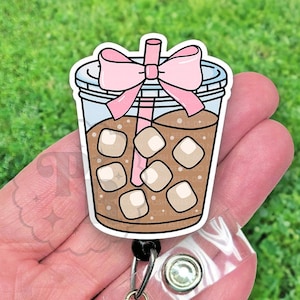 Cute Coquette Bow Iced Coffee Badge Reel, Pink Girly Badge Holder, Pastel Bow Handmade Acrylic Badge Reel, Heavy Duty, MRI Safe, Nurse Gift