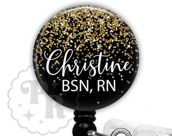 Gold Glitter Badge Reel - Faux Gold Glitter Badge Reel - Badge Holder - Nurse Badge Reel - Stethoscope ID Tag, Carabiner or Lanyard - 2699