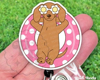 Summer Dachshund Badge Reel, Weenie Dog In Pool Float Retractable ID Holder For Nurses, Vet Techs and Teachers, Heavy Duty, MRI Safe