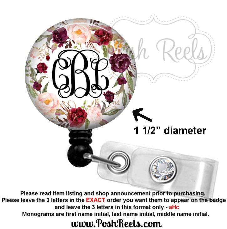 Monogram Badge Reel Holder - Burgundy Floral Badge Reel Badge Reel ID…