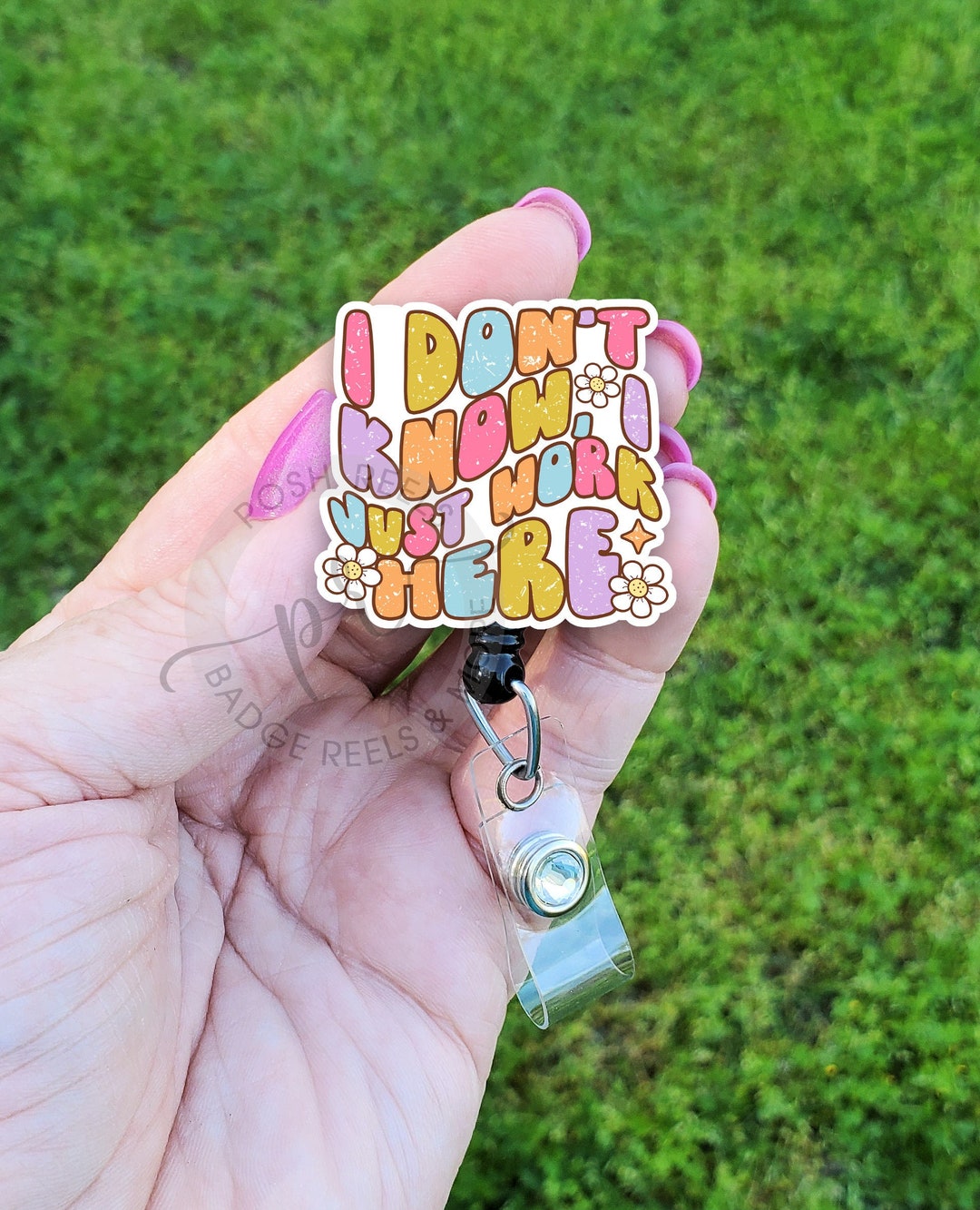 TOUNER 'I Don't Know I Just Work Here' Funny Badge Reel | Retractable ID Clip Holder For Nurses, Teachers – Silver Glitter Design - View #6
