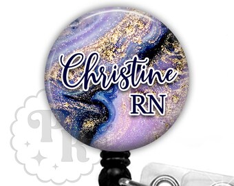 Purple Marble Badge Reel - Purple & Gold Marble Badge Reel - Badge Holder - Nurse Badge Reel - Stethoscope Tag, Carabiner or Lanyard