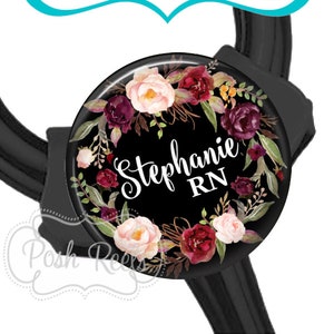 Burgundy Floral Wreath Stethoscope ID Tag n Cardiology Stethoscope ID Tag - Fits All Stethoscopes At The Yoke  - 1718