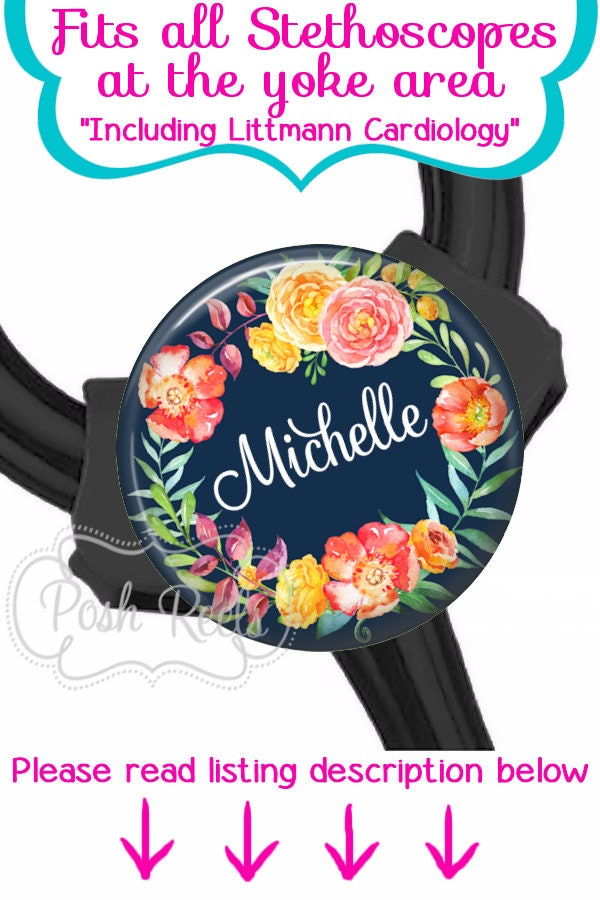 Navy Floral Wreath Stethoscope ID Tag - Littmann Cardiology Stethosco…