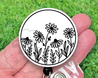 Elegant Wild Flower Badge Reel, Black and White Floral Badge Reel ID Holder, Handmade Acrylic Nurse Badge Pull, Heavy Duty, MRI Safe Badge