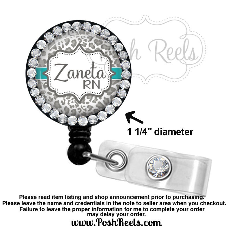Retractable ID Badge Holder - Gray and Teal Leopard Print Rhinestone …