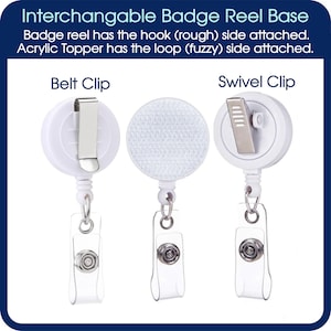 May include: White interchangeable badge reel bases with a belt clip and swivel clip options. The badge reels have a clear plastic strap with a metal snap. The text "Interchangable Badge Reel Base" is at the top.