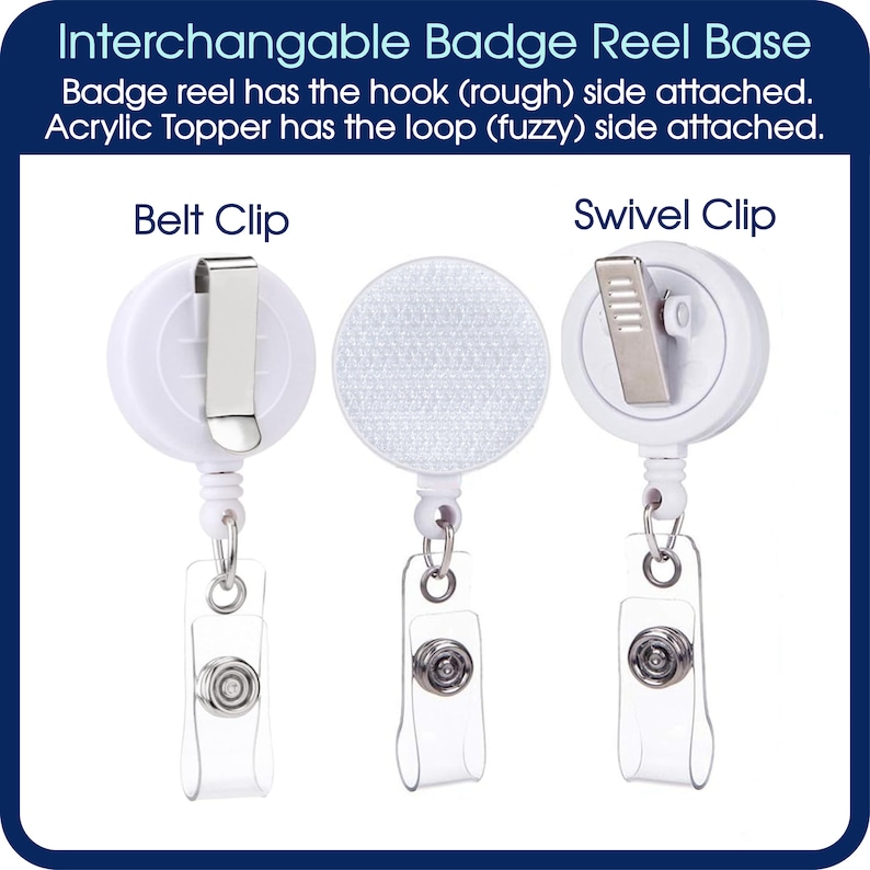 May include: White interchangeable badge reel bases with a belt clip and swivel clip options. The badge reels have a clear plastic strap with a metal snap. The text "Interchangable Badge Reel Base" is at the top.