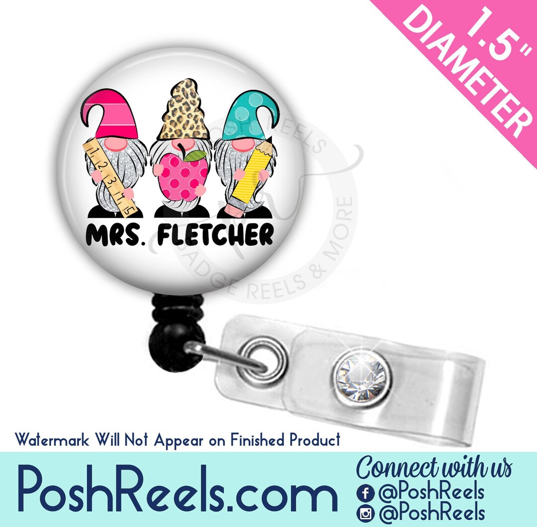 Teacher Gnome Badge Reel - Apple, Ruler, Pencil Badge Reel, Carabiner ...