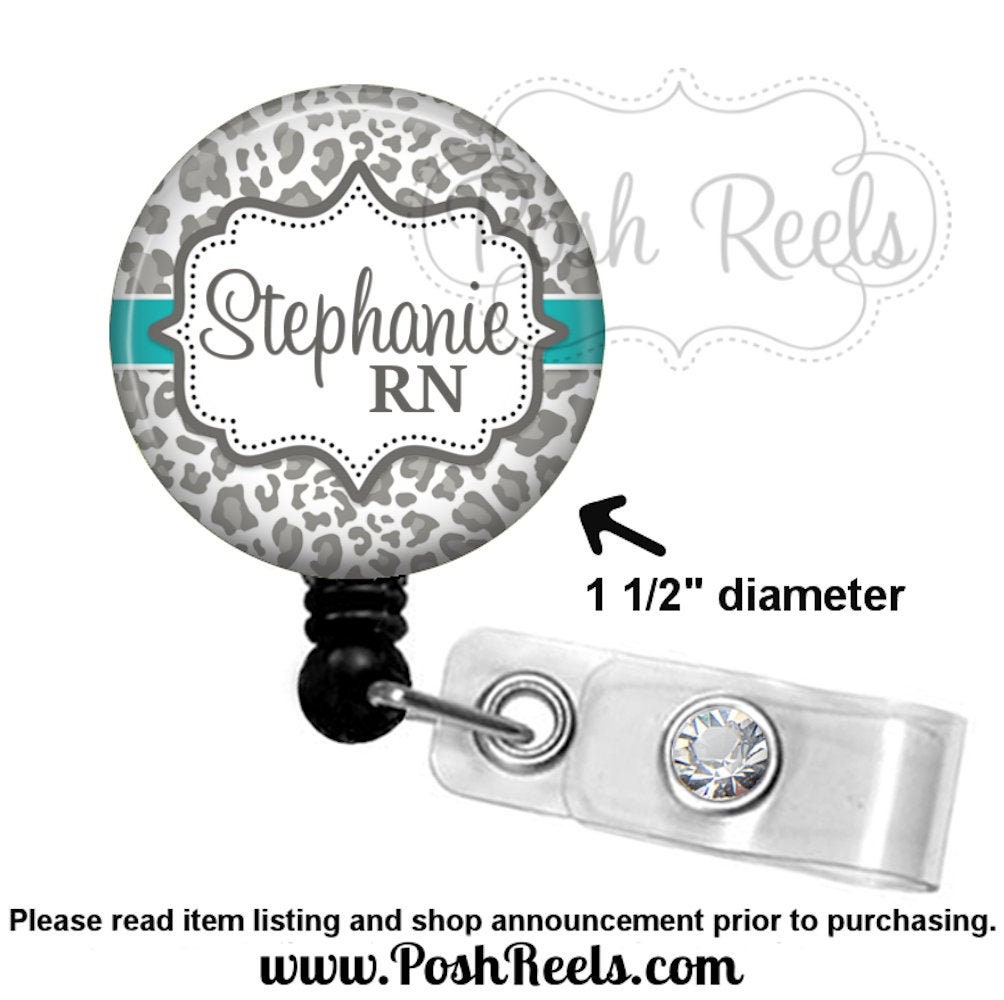 Leopard Print Badge Reel - Gray and Teal Animal Print Badge Reel - Na…