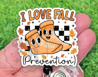 I Love Fall Prevention Grippy Socks Badge Reel, Funny Autumn Nursing Badge Holder, Retractable ID Clip for Nurses, CNA, Medical Staff