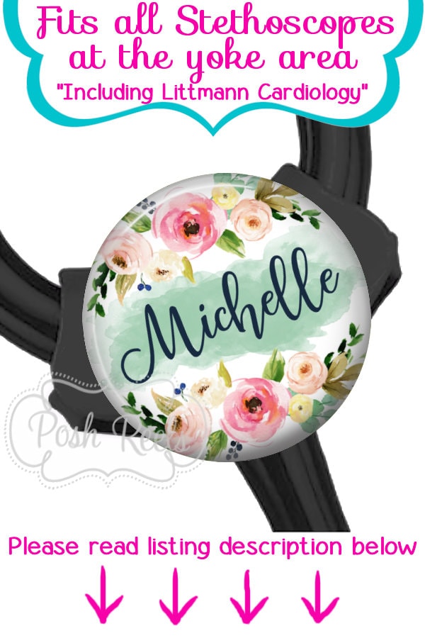 Floral Stethoscope ID Tag - Pink and Mint Floral Littmann Cardiology …