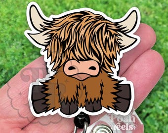 Acrylic Highland Cow Badge Reel, Cute and Durable ID Holder, Perfect Gift for Nurses and Cow Lovers, Handmade Highland Cow Accessories