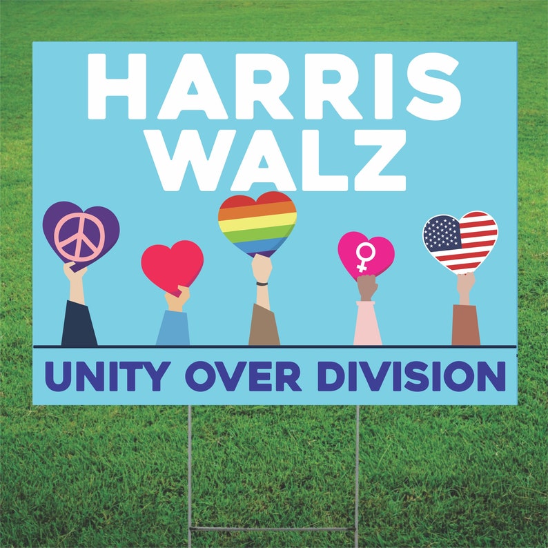 Kamala Harris Tim Walz for president Unity Over Division Political Yard Lawn Sign With Metal Post 24 x 18 Buy 2 Get 1 FREE image 1