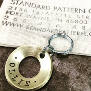 Hand Stamped Dog Tag: Concave Brass, Copper, or Stainless Steel
