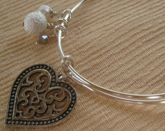 Hjärtberlockarmband/Justerbart silverarmband/Pärlsmycken/Mors dag-present/Present till kvinna/Silversmycken/Present