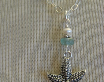 Starfish necklace/ silver starfish charm/ beach necklace/ apatite bead necklace