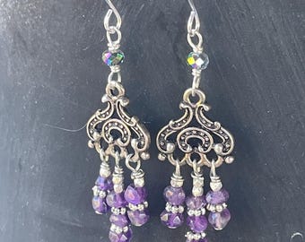 Orecchini a lampadario/Orecchini a lampadario in ametista/Gioielli in ametista sfaccettata/Regalo/Orecchini a lampadario in argento