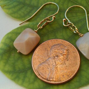 May include: A pair of gold earrings with a light pink square-shaped gemstone. The earrings are hanging from a leaf.