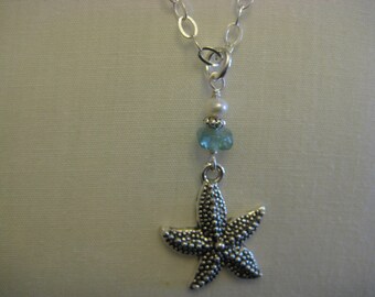 Starfish necklace/ silver starfish charm/ beach necklace/ apatite bead necklace